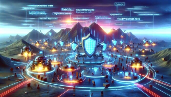 Robotic bots swarming screens with fake clicks in a chaotic, neon-lit digital landscape, symbolizing fraud in supplement advertising.