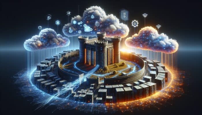 A secure on-premise server fortress connected to a glowing cloud network by data streams, with expanding gears, security shields, and cost-saving icons in a digital realm.