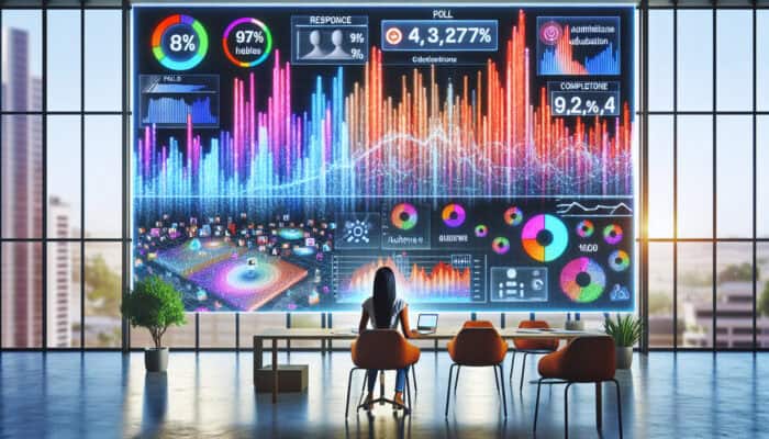 Content creator in modern office analyzes colorful graphs of poll metrics on large screen with video thumbnails in background.