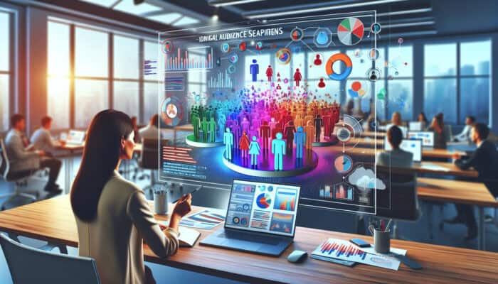 A Marketo digital workspace with a marketer selecting vibrant campaign templates, analyzing colorful audience graphs, and viewing diverse demographic icons in a modern office.