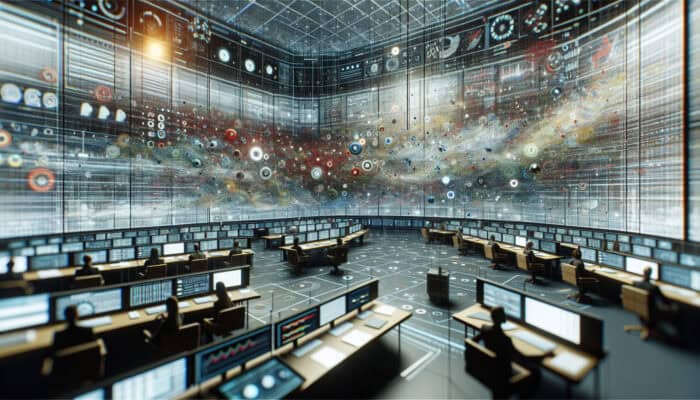 A modern control room with a digital dashboard displaying swirling social media feeds, colorful sentiment graphs, and emerging trends for data analysis.