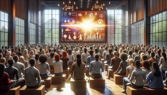 A diverse group watches a purpose-driven video on social responsibility in a warmly lit modern hall, showing inspired unity.