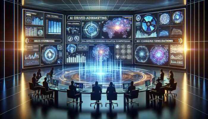 Futuristic command center with AI illuminating holographic data screens, marketers analyzing PPC graphs, and glowing neural networks in a high-tech landscape.