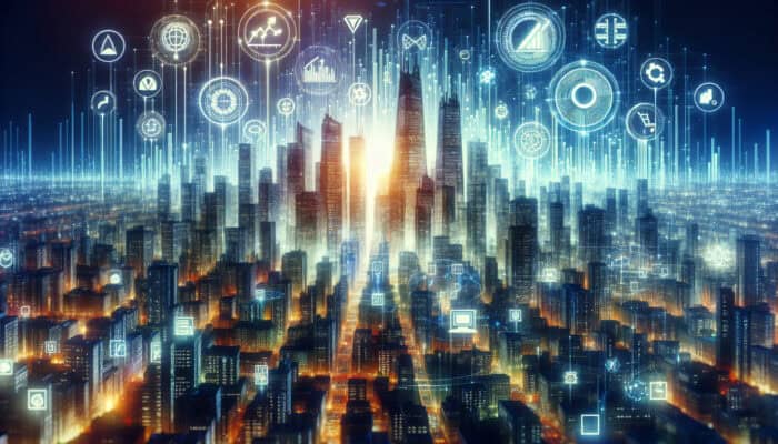 Illustrated digital landscape with glowing website, schema markup, rising knowledge graphs, ascending SEO charts, and e-commerce icons symbolizing growth.