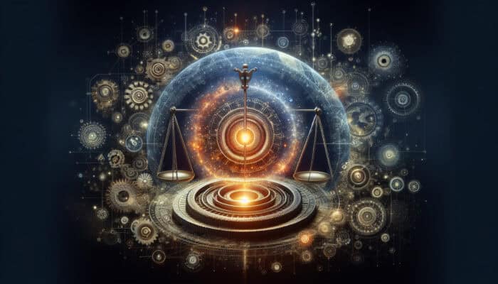 Dynamic illustration of Google's Core Updates: glowing algorithmic core with gears, scales of justice, and global networks connecting users to quality results.