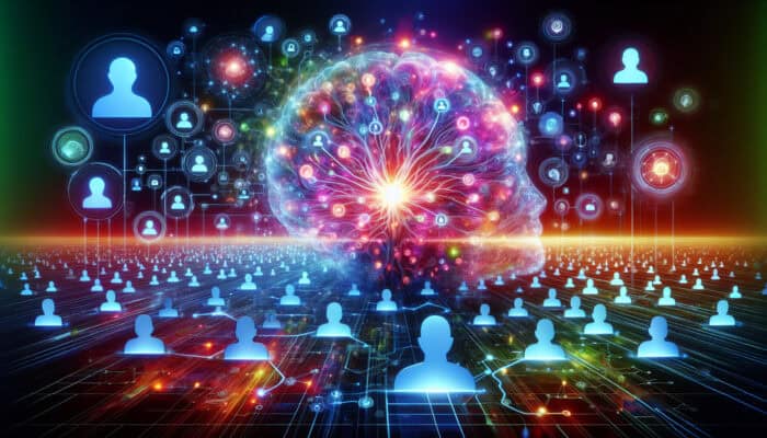 A digital network of social media icons swirling into a luminous brain, symbolizing refined insights from social listening in a futuristic landscape.