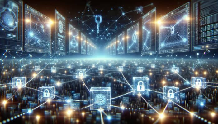 A glowing chain of interconnected blocks in a decentralized network, symbolizing blockchain's immutability, security, and transparent data streams.