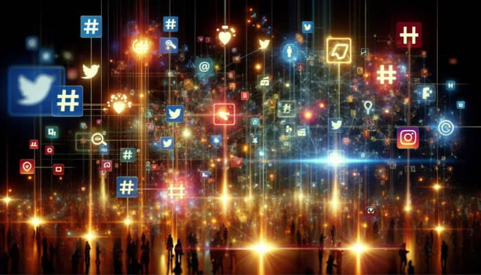 A vibrant digital network of social media icons, interconnected posts, and glowing hashtags like #SocialMedia, symbolizing online content categorization.
