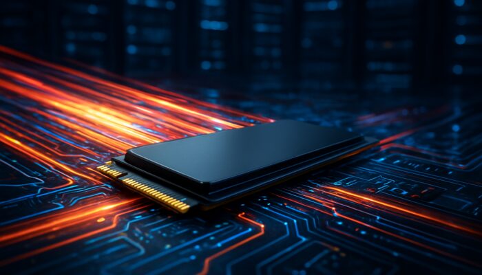Sleek NVMe SSD in futuristic data center, with high-speed data streams contrasting slower SATA interfaces.