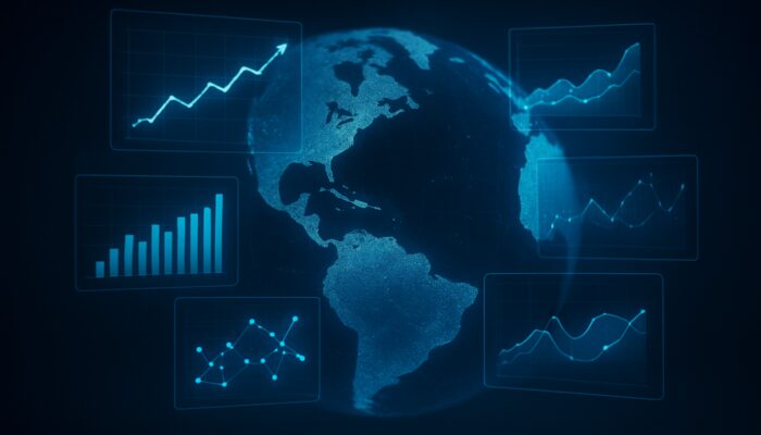 Dynamic SEO dashboard showing real-time metrics, keyword graphs, traffic flows, and backlink networks on a rotating global map.