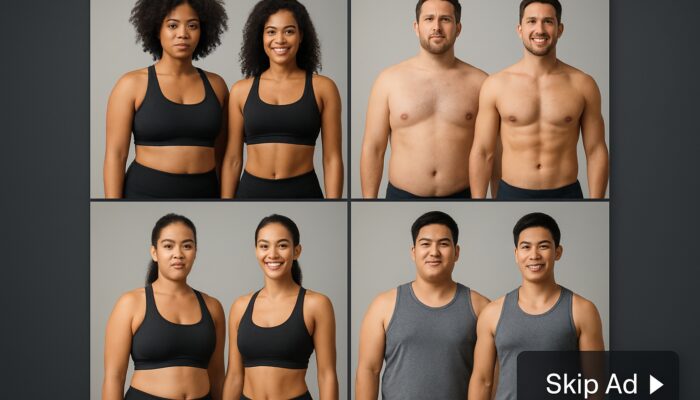 Diverse users sharing before-and-after fitness transformations in supplement ad with Skip Ad button.