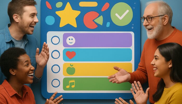 Vibrant digital poll interface with colorful graphics, diverse people voting and discussing to build community.