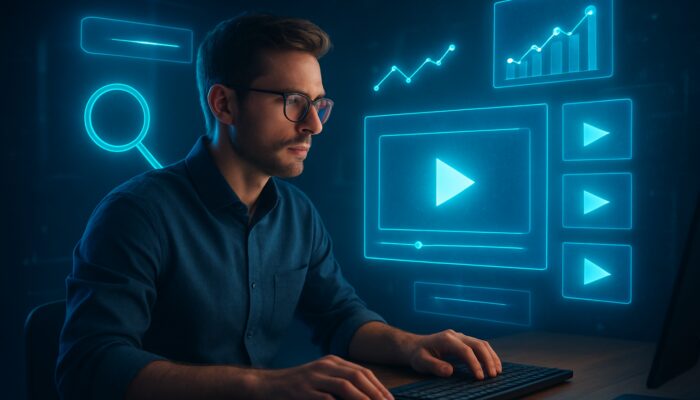 SEO expert analyzing video data on glowing screens with holographic keywords and trending graphs.
