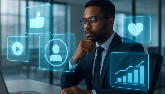 Strategist in modern office viewing holographic screens with engagement metrics and platform icons.