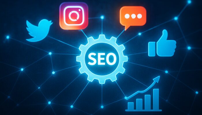 Social media icons connecting to central SEO engine with rising graphs and keywords.