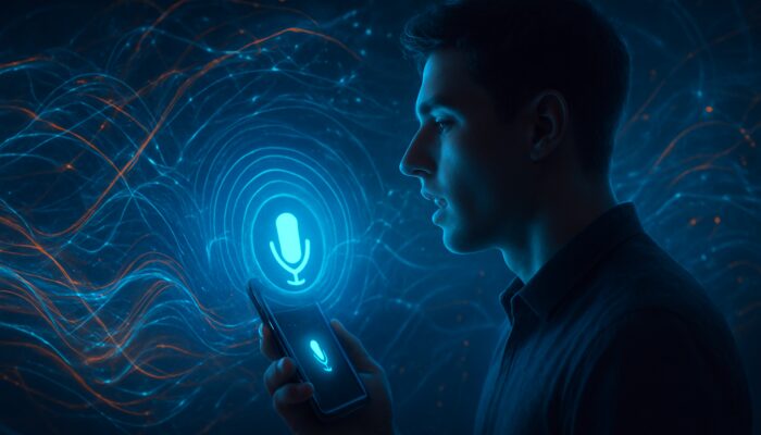 Futuristic user speaking into glowing microphone on smart device with swirling AI waveforms and data streams.