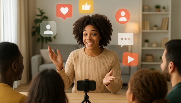 Micro-influencer engaging diverse audience in cozy home with glowing social notifications and hosting content