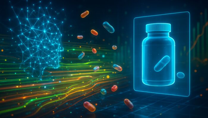 Futuristic AI neural networks projecting personalized supplement ads on holographic billboards with data streams and capsules.