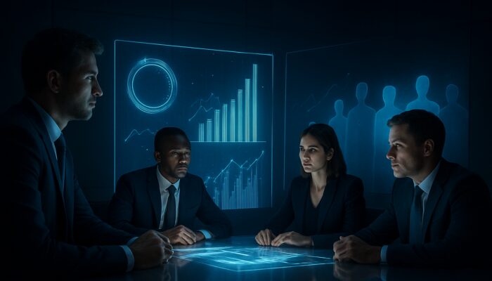Executives analyzing holographic charts comparing website traffic, conversions, and engagement metrics vs rivals