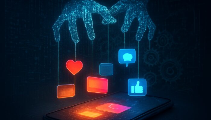 Glowing algorithms as puppet masters sorting likes and posts behind smartphone screen for Instagram and Facebook