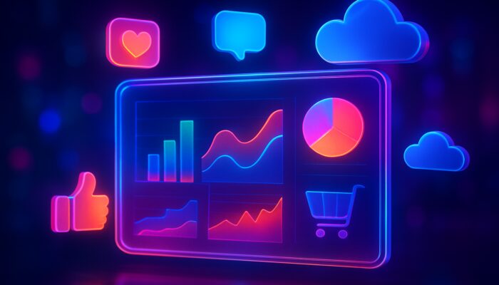 Holographic dashboard with colorful social commerce metrics graphs, engagement data, and cloud hosting icons in neon tech space.