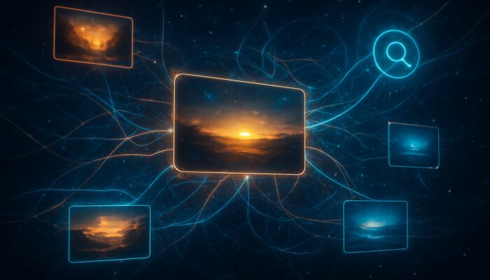 Glowing data threads mapping video thumbnails and titles to search engine orbs in digital cosmos
