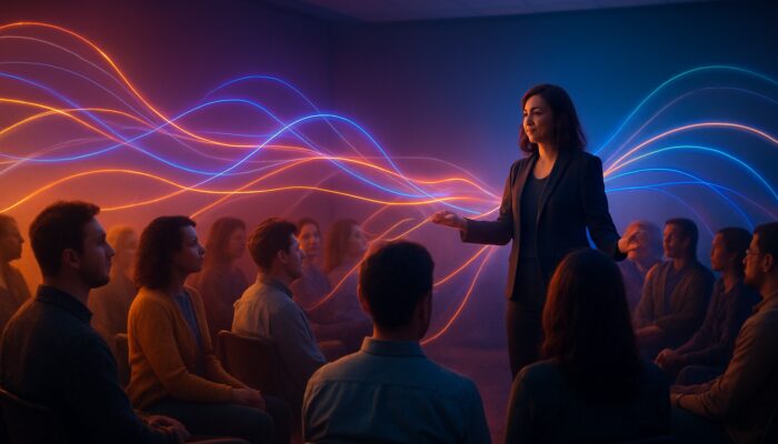 Vibrant event space with glowing threads connecting diverse audience to central organizer