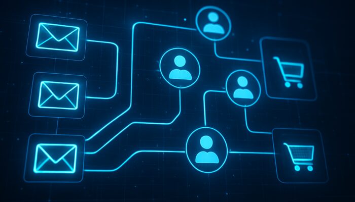 Luminous digital network with behavior-triggered email icons flowing through segmented workflows to e-commerce customer avatars.
