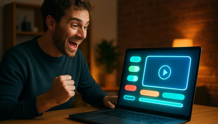 Excited creator sets up InVideo profile and selects video template on glowing laptop interface