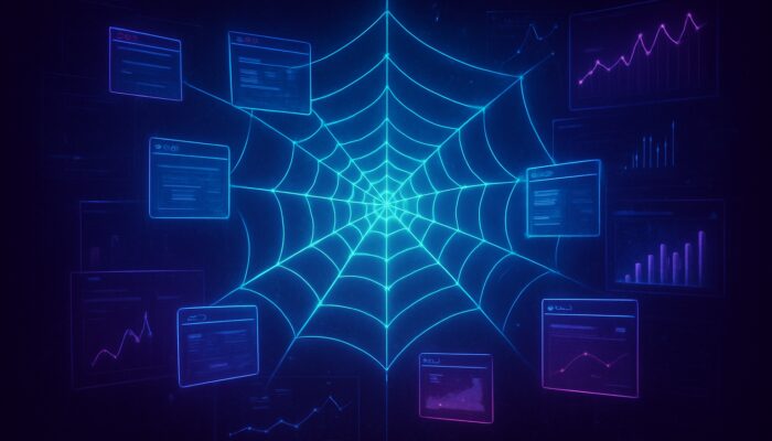Cyberpunk neon spiderweb of linked website pages with isolated orphan pages and SEO charts
