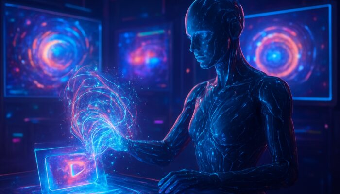 Futuristic AI sculpting holographic stories from data streams in neon cyber studio