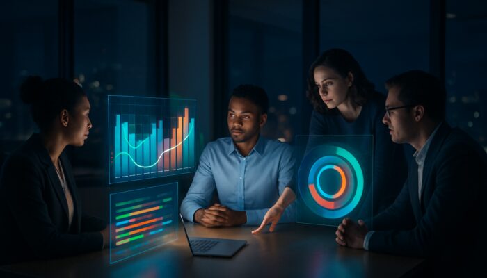 Diverse team strategizing around automated keyword reports on glowing office dashboards and holographic charts