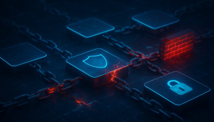 Glowing digital platforms linked by fragile chains with red vulnerabilities, shielded by locks in cyberpunk network.