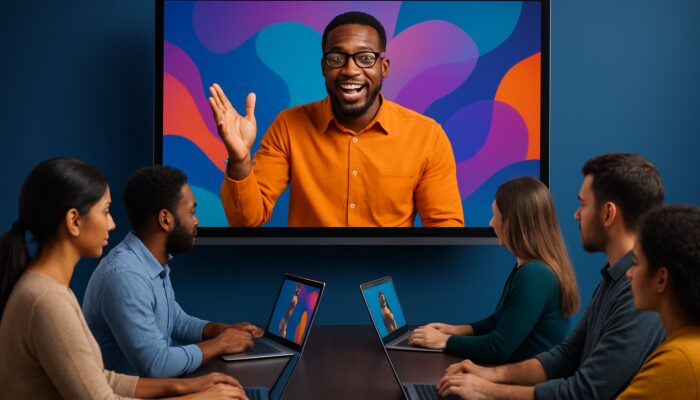 Dynamic speaker engaging diverse global audience in vibrant virtual webinar on laptops.